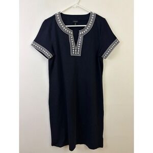 Talbots Navy Blue Embroidered V Neck Short Sleeve Shift Dress Women's M